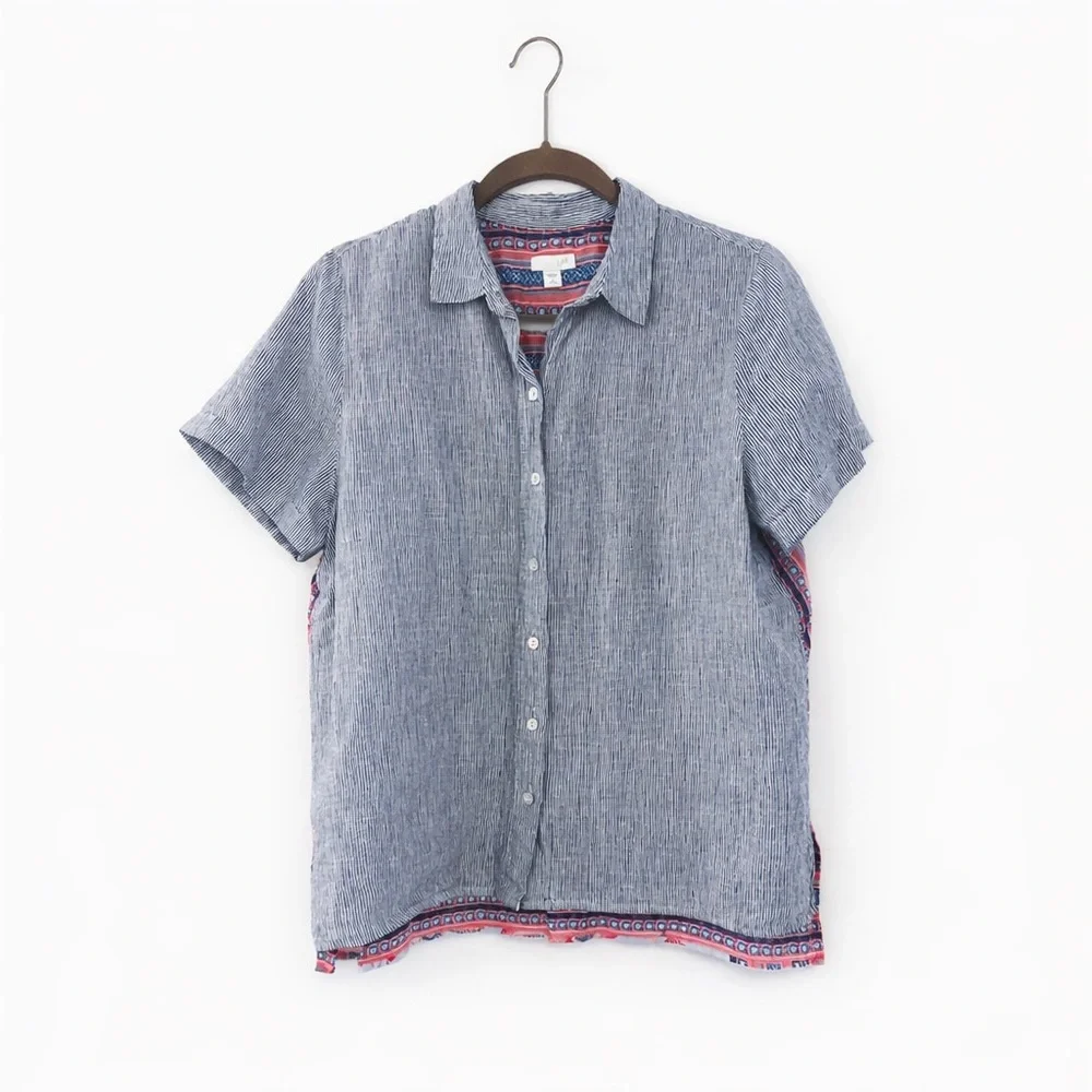 EUC J JILL 100% Cotton & Linen Floral And Blue Striped Short Sleeve Blouse - Picture 2 of 5